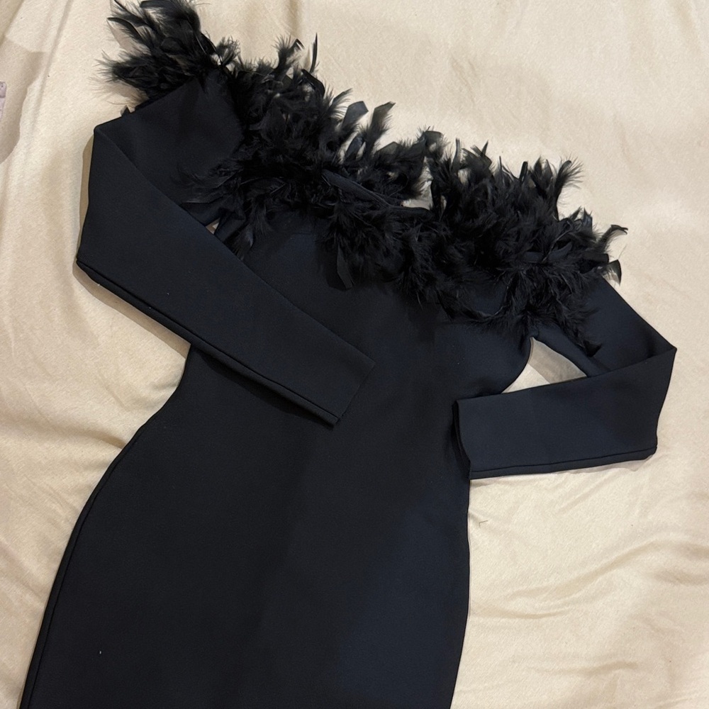 Elegant Black Feather-Trimmed Dress